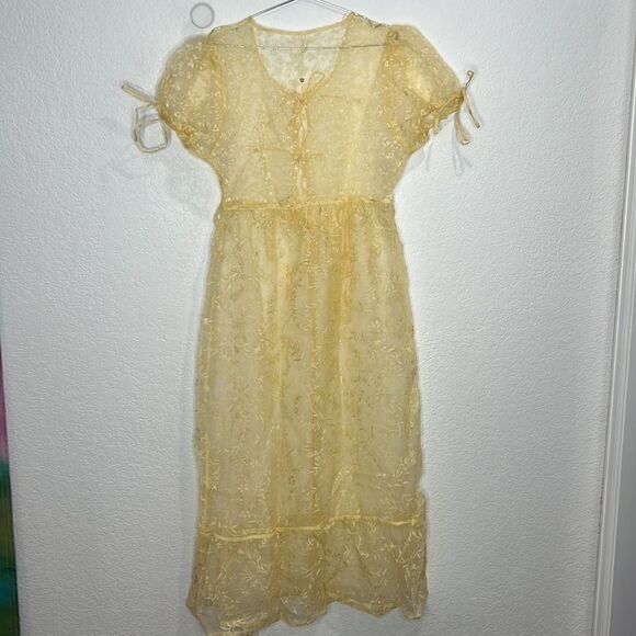 NWT By Anthropologie Sheer Short-Sleeve Organza Maxi Dress Canary Medium - Picture 6 of 14